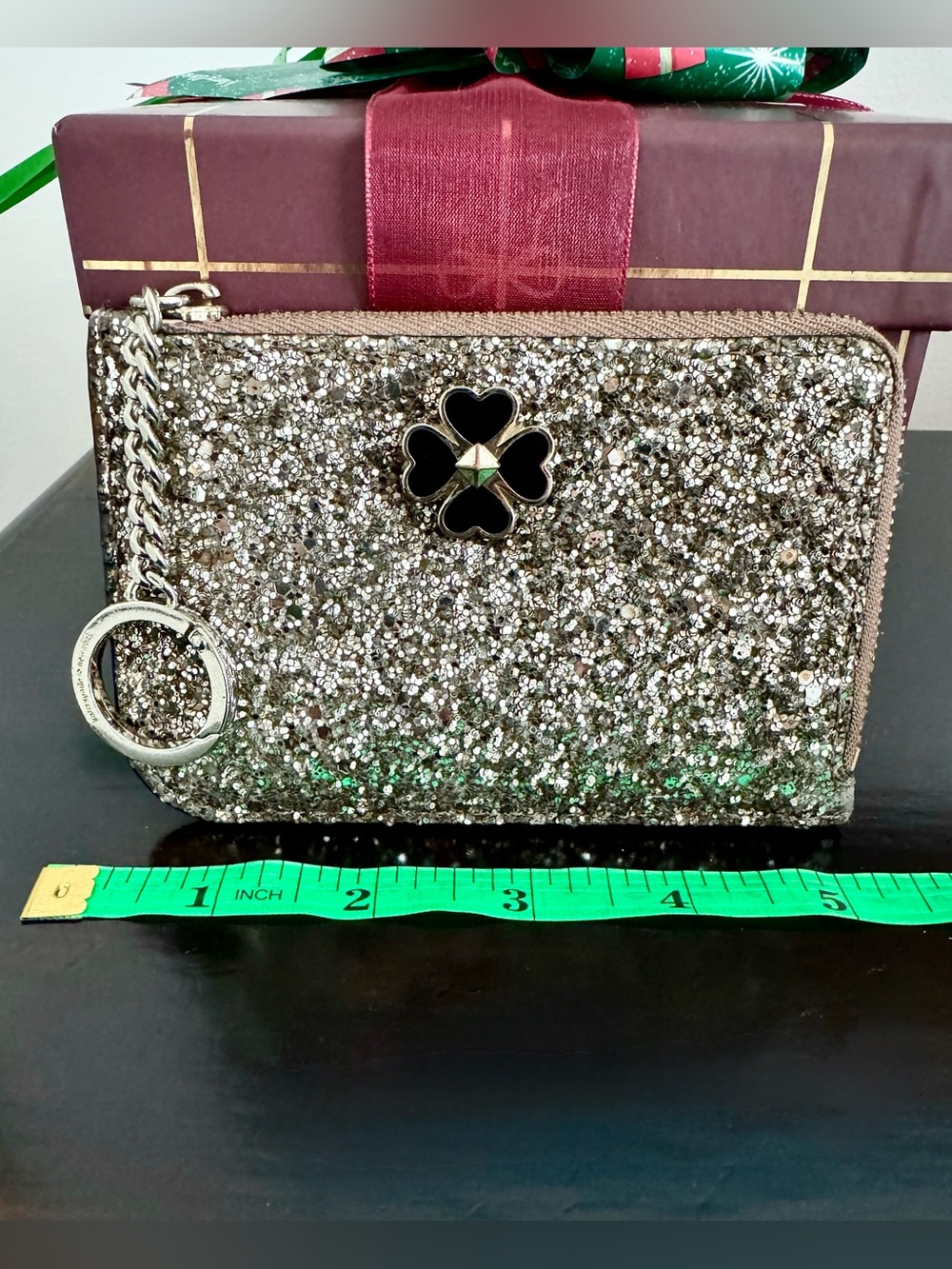 NWOT Kate Spade Odette Gunmetal Black Silver Glitter L-Zip Card Holder Wallet